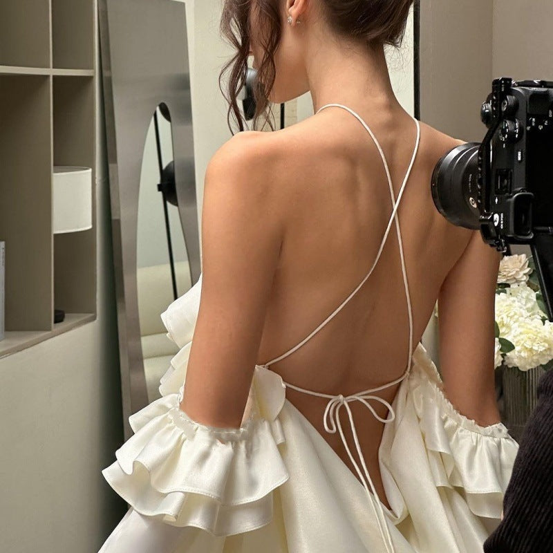 Women Clothing Autumn Sexy French off Shoulder Ruffled Flare Sleeve Dress Bella Mia